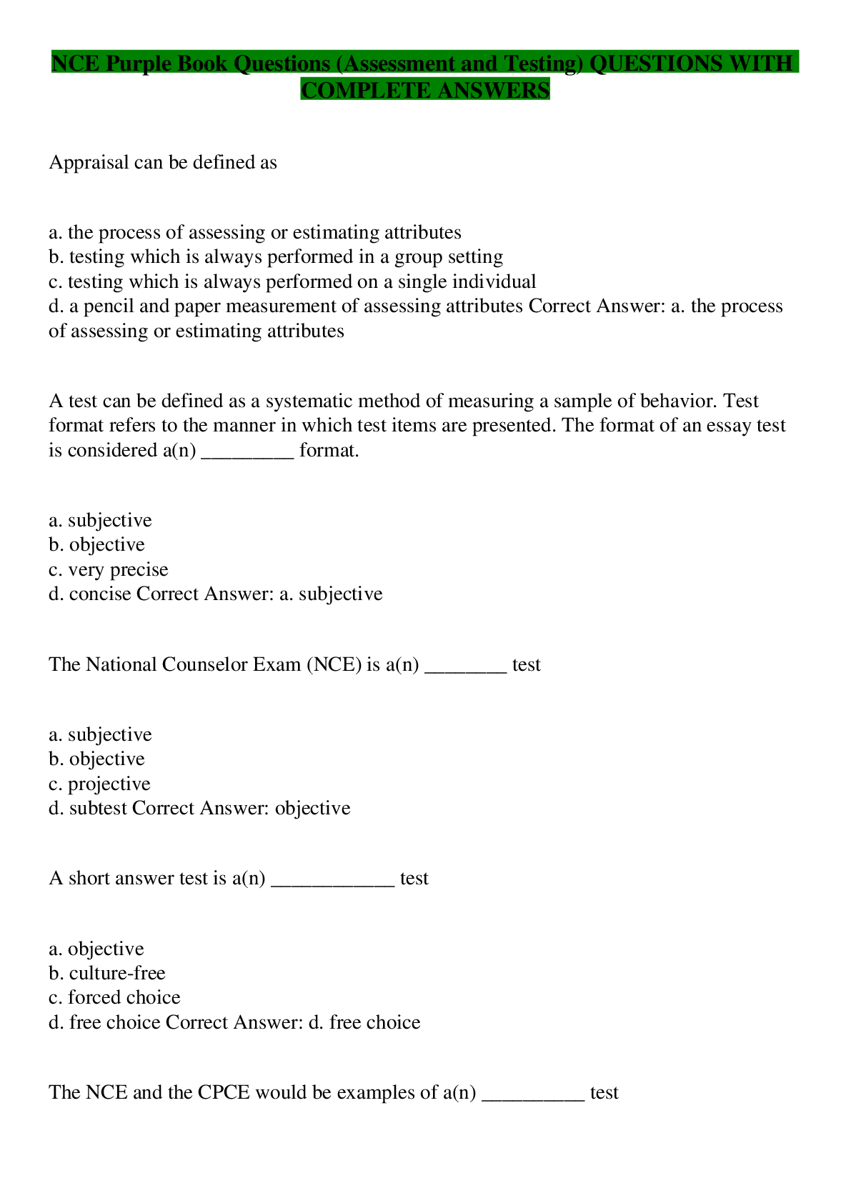 Preview image for NCE Purple Book Questions (Assessment and Testing) QUESTIONS WITH COMPLETE ANSWERS
